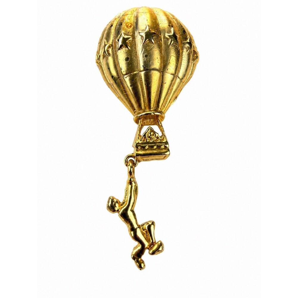 Vintage Signed AJC Hot Air Balloon Brooch Gold Tone Dangling Figure Novelty Pin